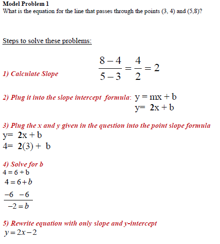 Write Equation from two points worksheet, with model problems explained